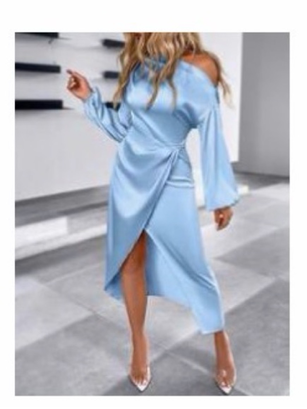 NWOT Silky Light Blue Off-Shoulder Wrap Midi Dress